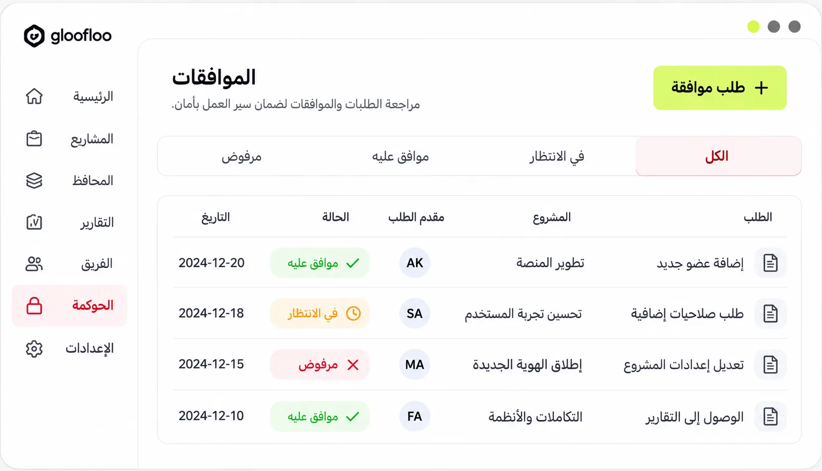 قائمة الموافقات بحالة الطلب ومقدمه وتاريخه
